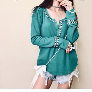 Free People Rainbow Thermal Henley Top Green Medium